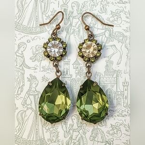 Large  Green Flower Swarovski Crystals In Victorian Style  Brass Earrings